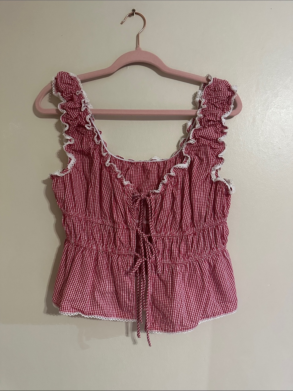 Red Gingham Ruffle Tie-Front Tank Top - Women